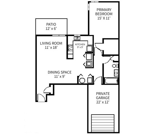 Floor plan for 1 bed, 1 bath, 807 sqft